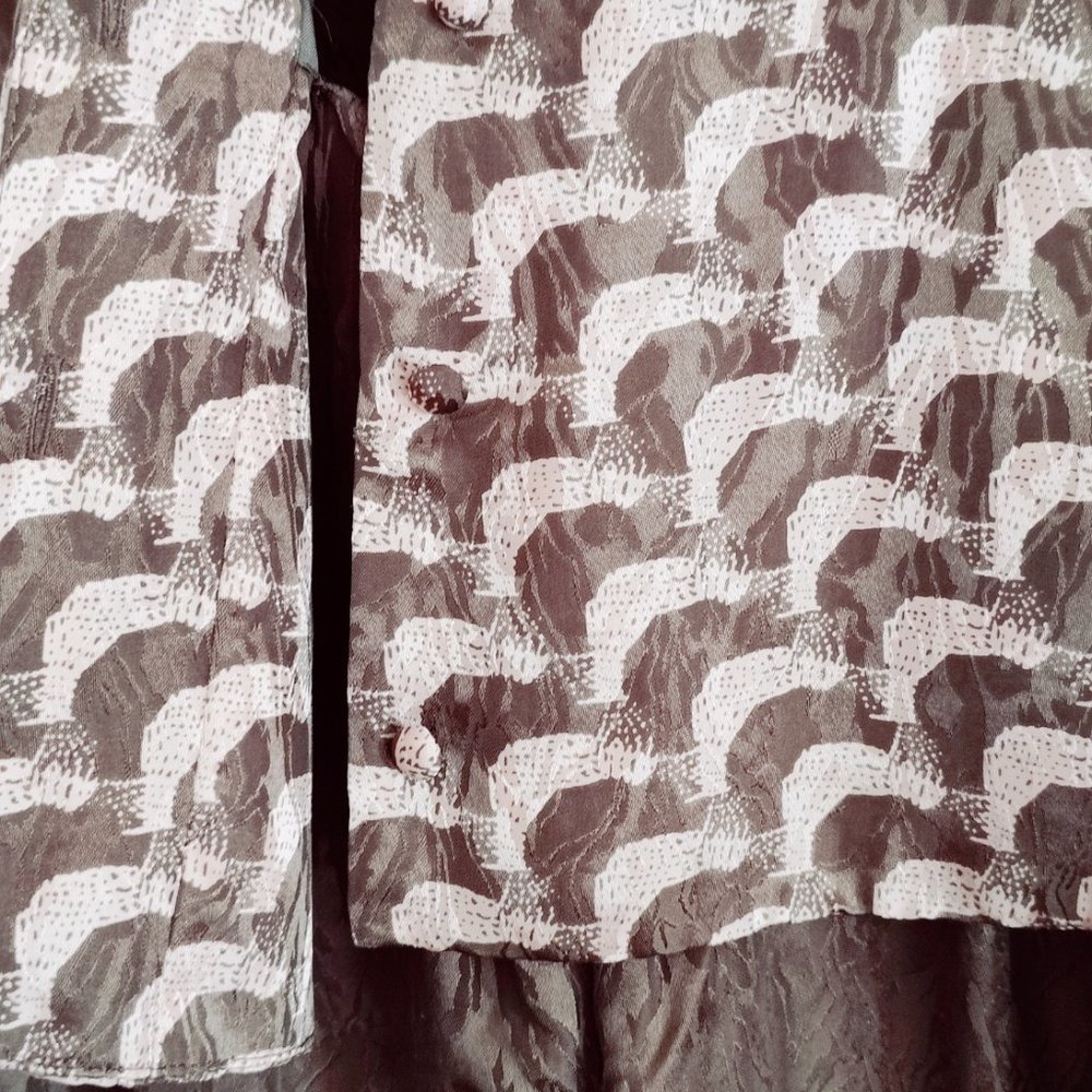 VTG 80s 90s 100% Silk Twist Front Midi Dress Scallop Brocade Brown Size 4 - Picture 6 of 15